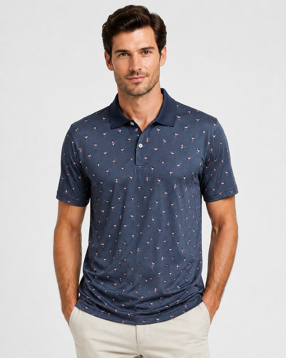 Bonobos Slim Fit Golf Polo Navy Flamingo Print Performance Shirt Medium
